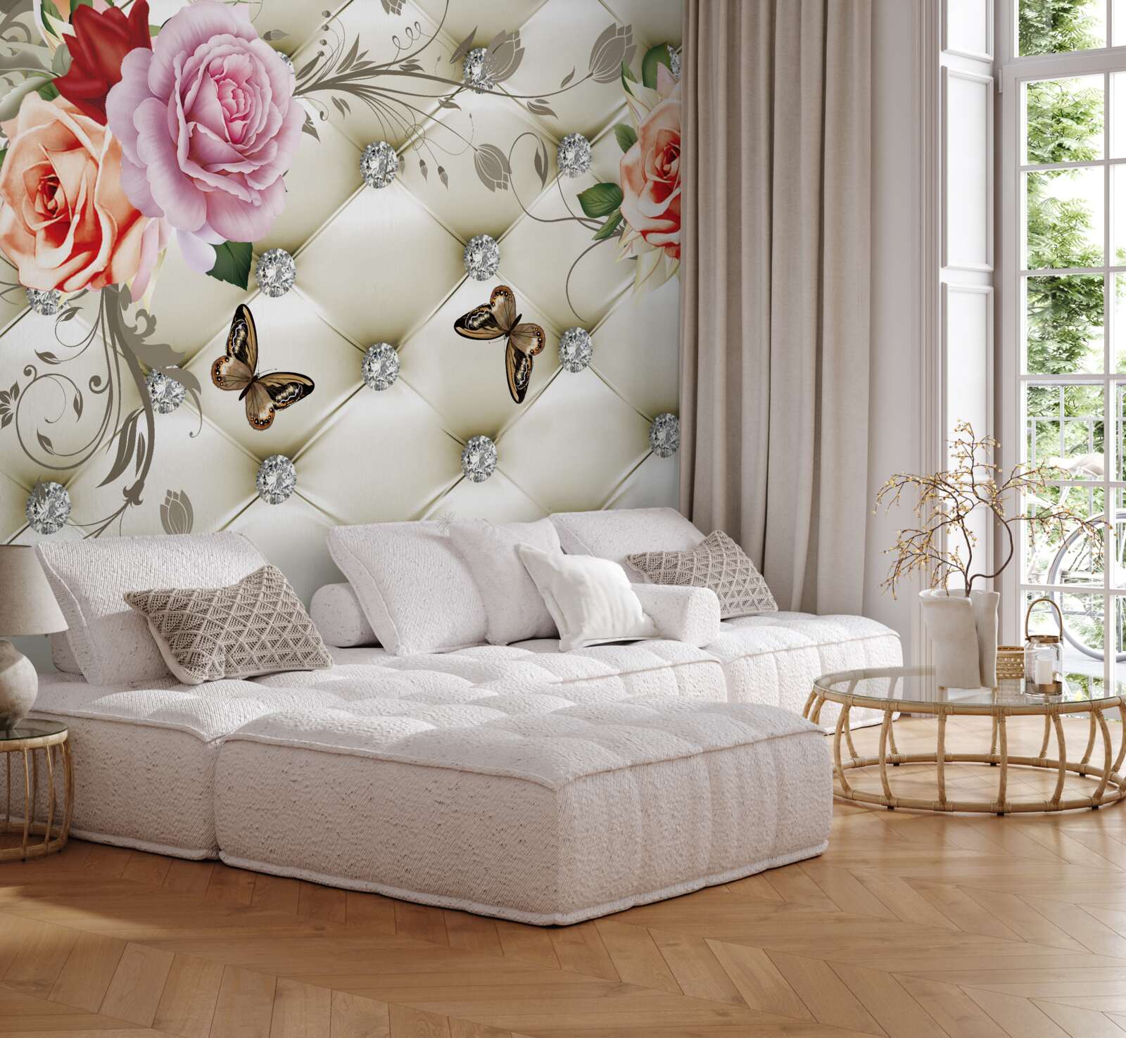 Fototapet decorațiuni textile sub formă de fluturi și trandafiri