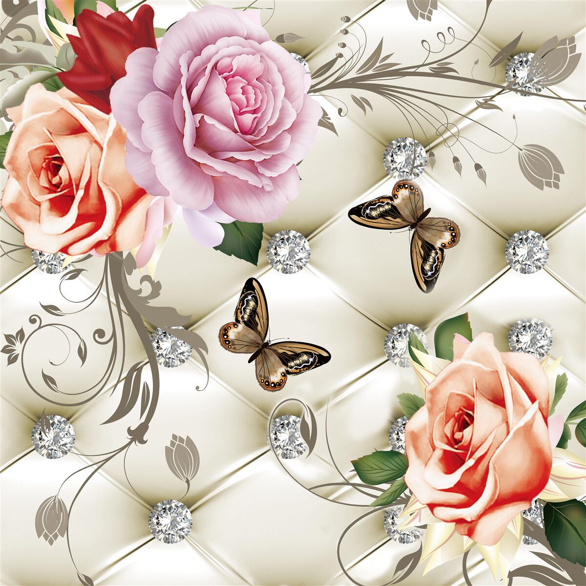 Fototapet trandafiri perla cu fluturi strălucitori pe muguri