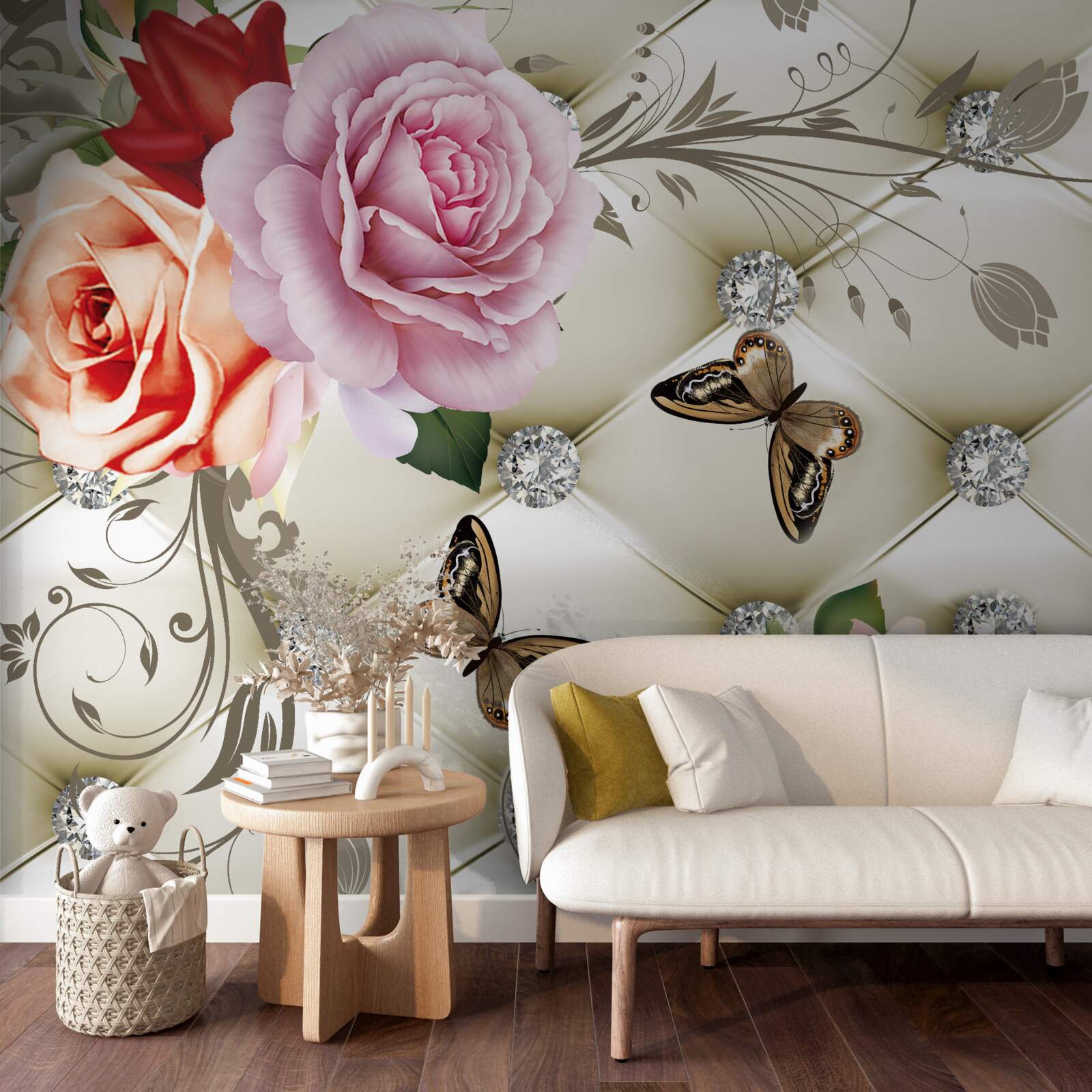 Fototapet trandafiri perla cu fluturi strălucitori pe muguri