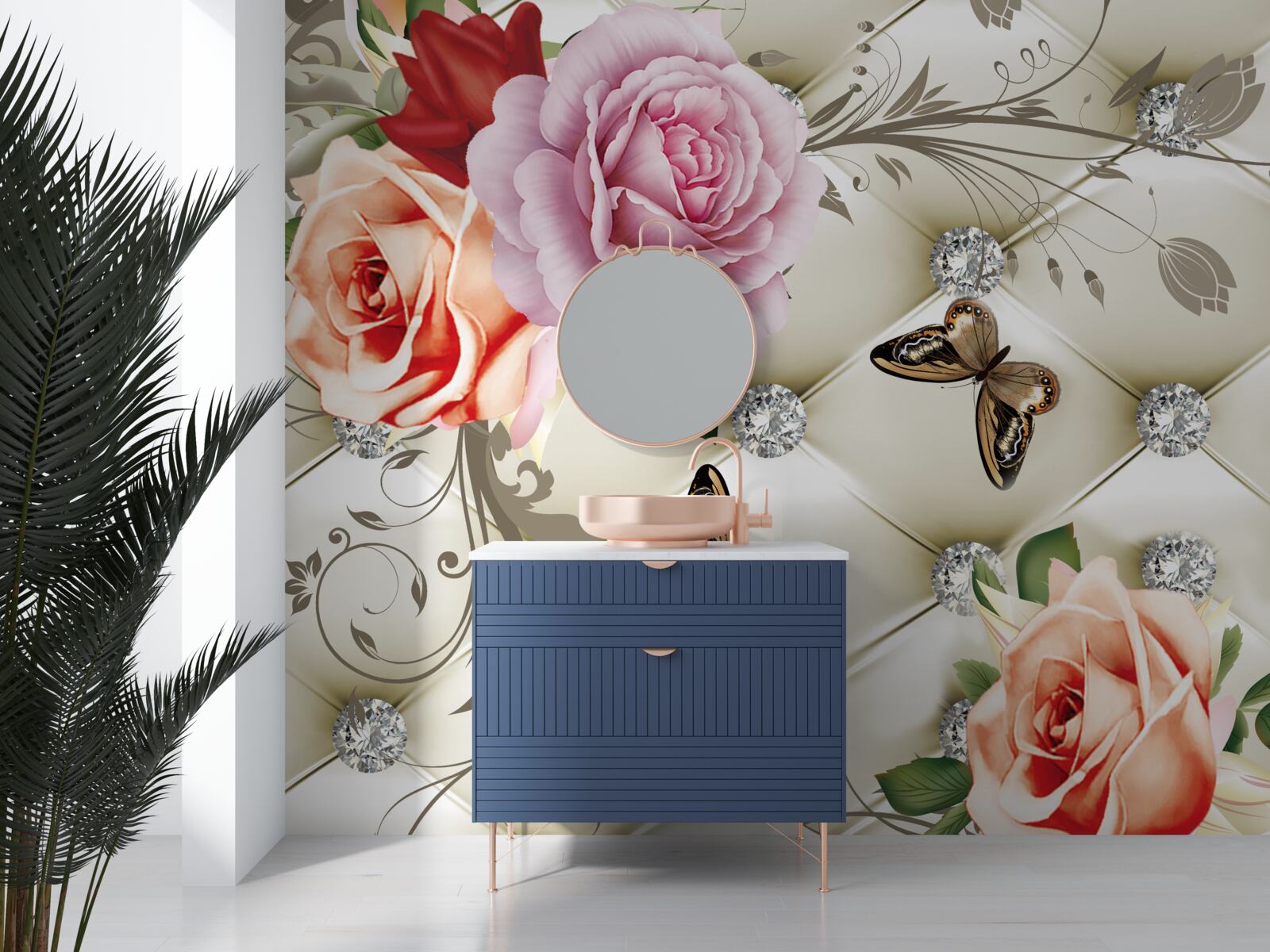 Fototapet trandafiri perla cu fluturi strălucitori pe muguri