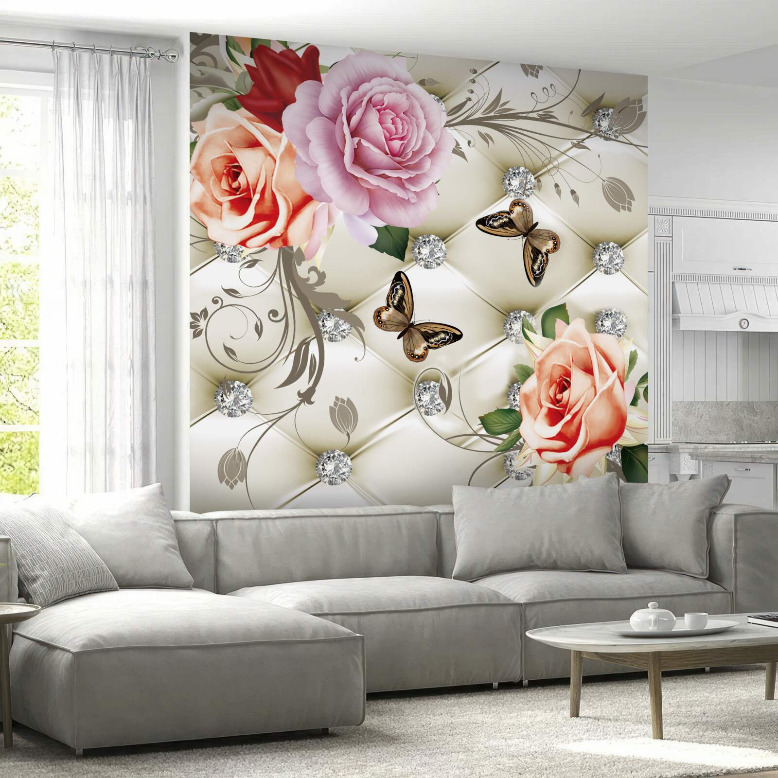 Fototapet trandafiri perla cu fluturi strălucitori pe muguri