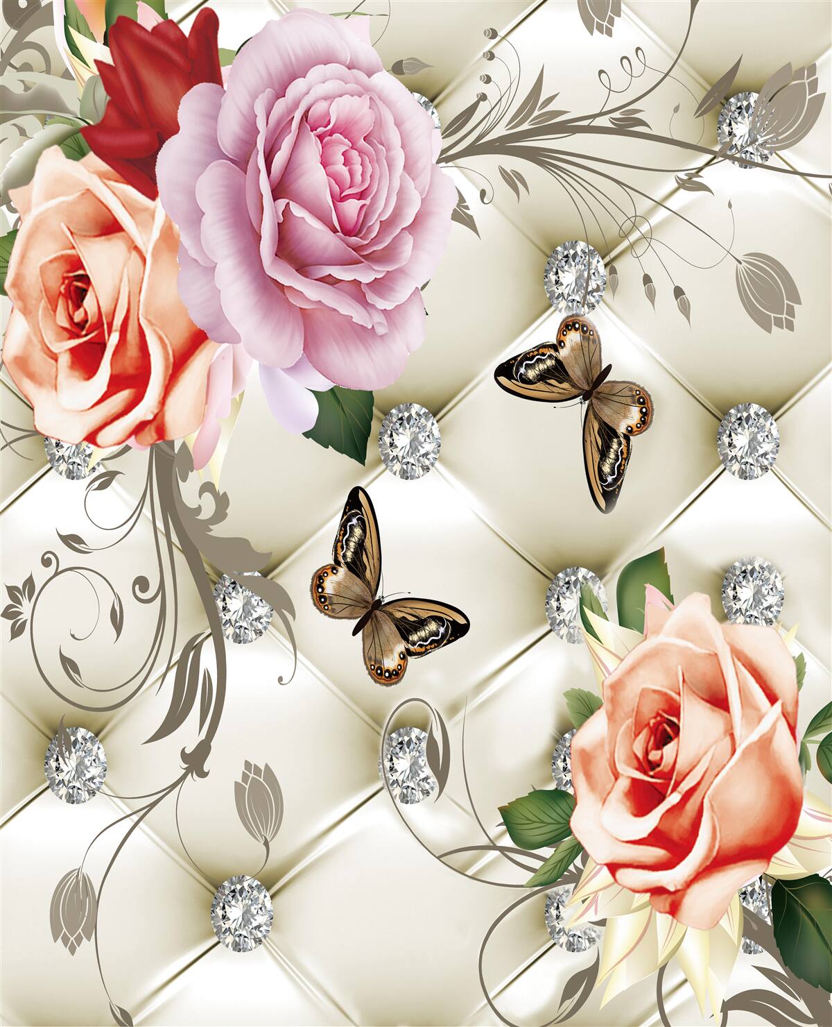 Fototapet fundal abstract decorat cu perle, flori și trandafiri