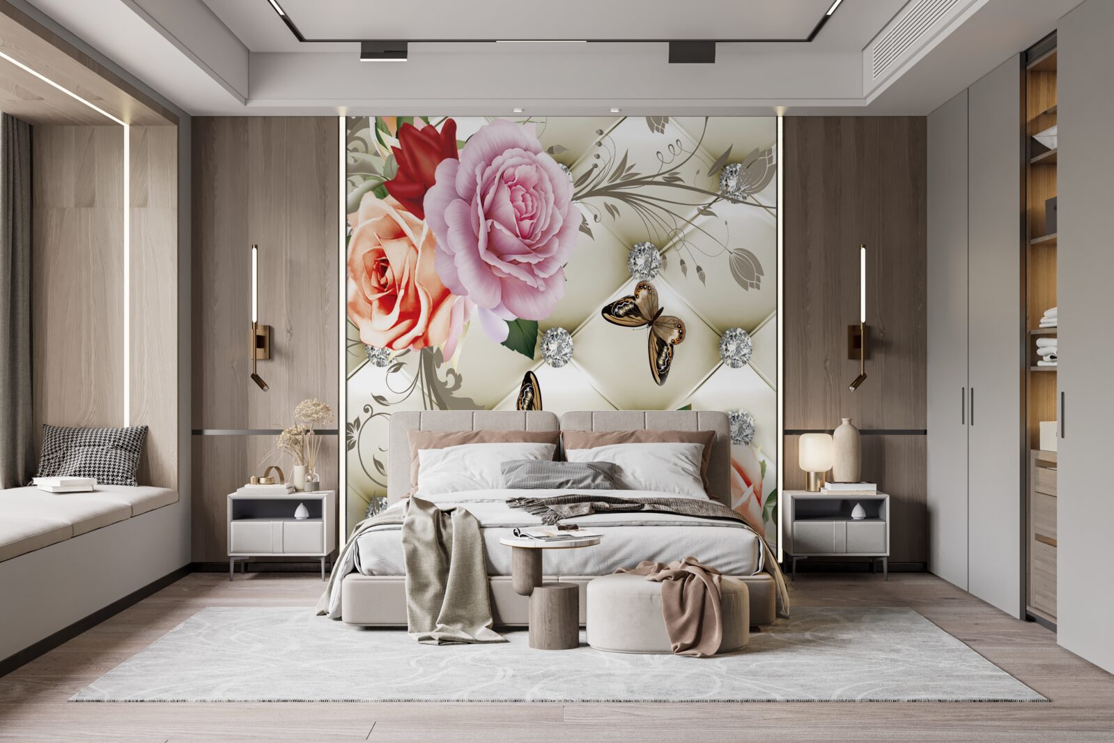 Fototapet fundal abstract decorat cu perle, flori și trandafiri