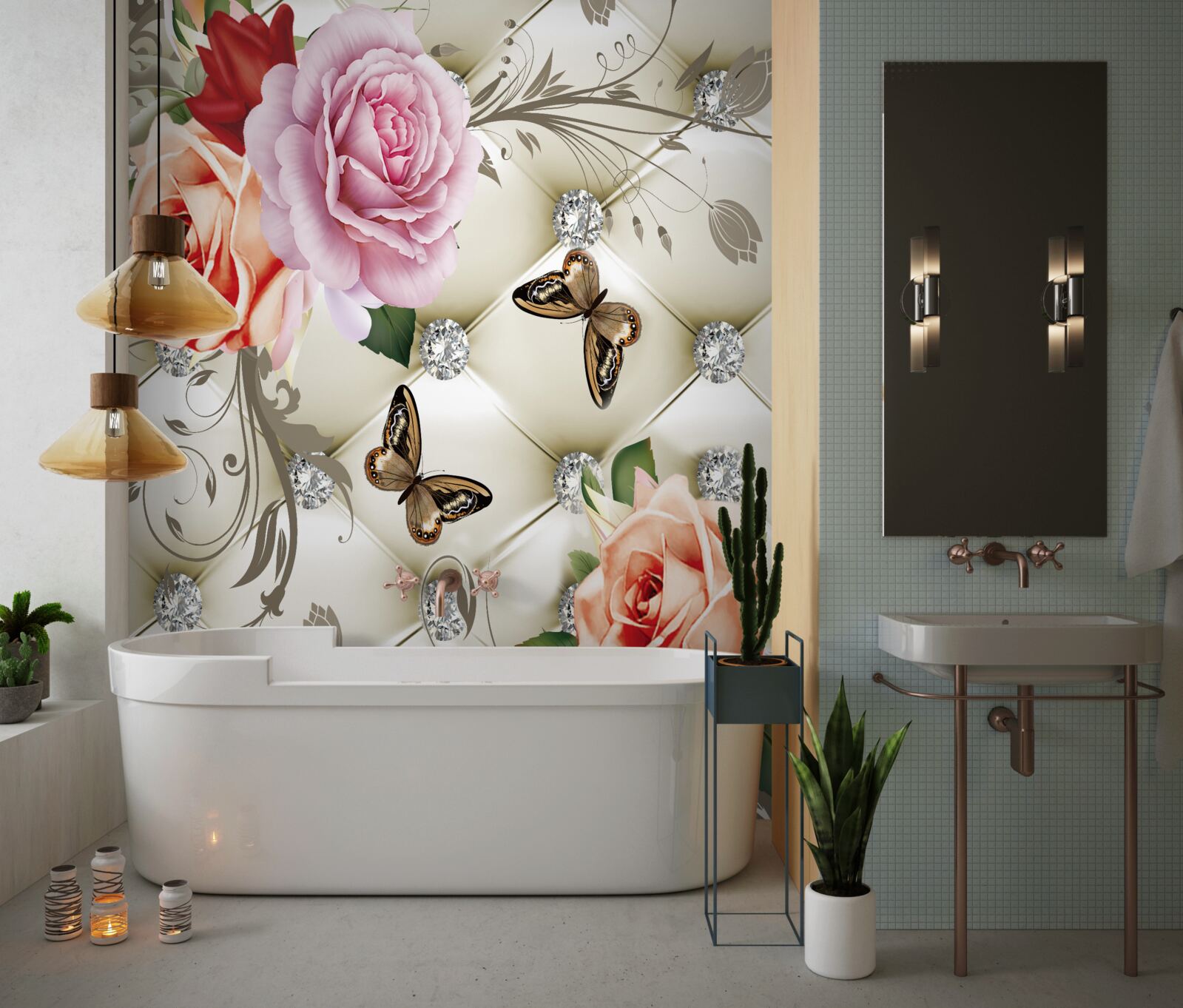 Fototapet fundal abstract decorat cu perle, flori și trandafiri