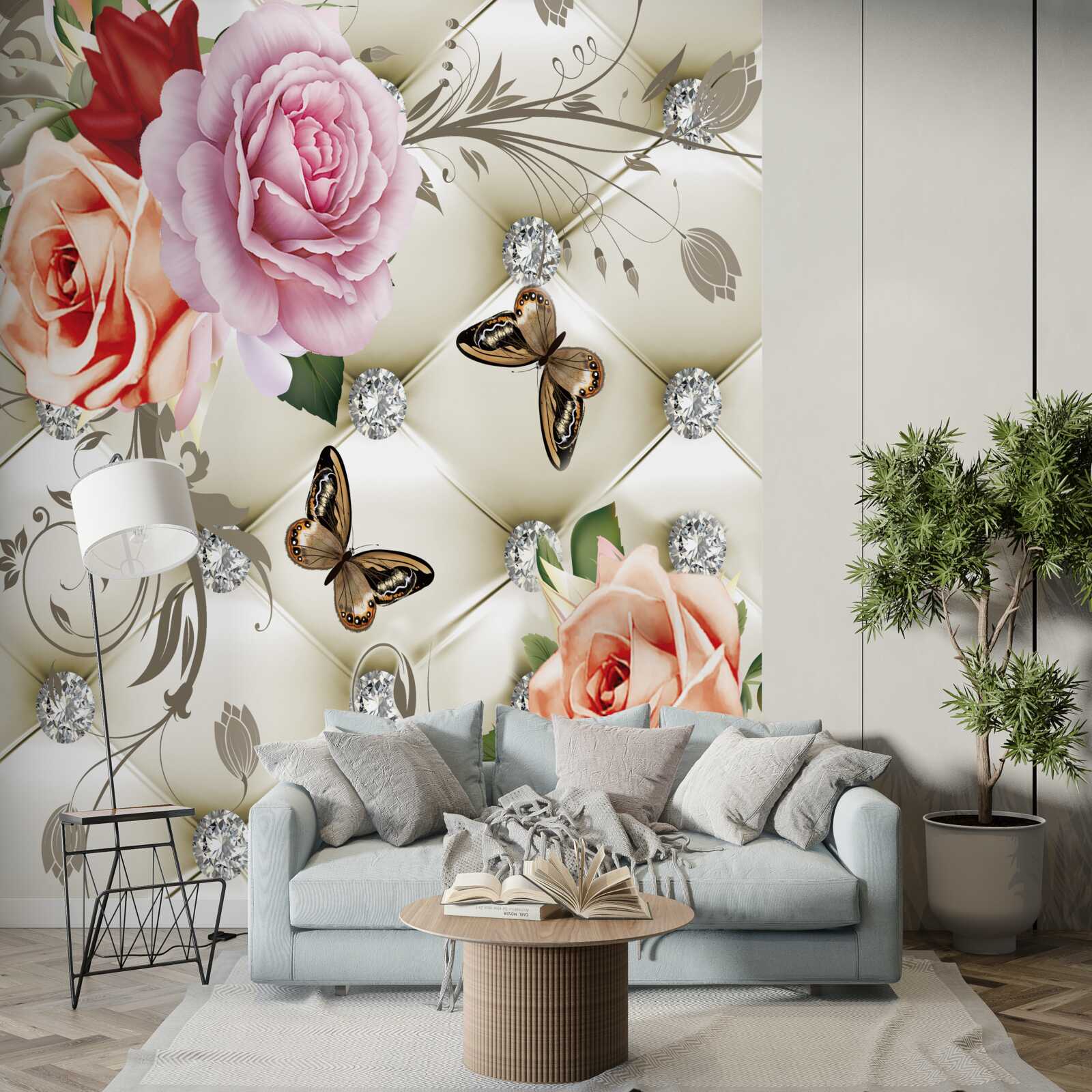 Fototapet fundal abstract decorat cu perle, flori și trandafiri