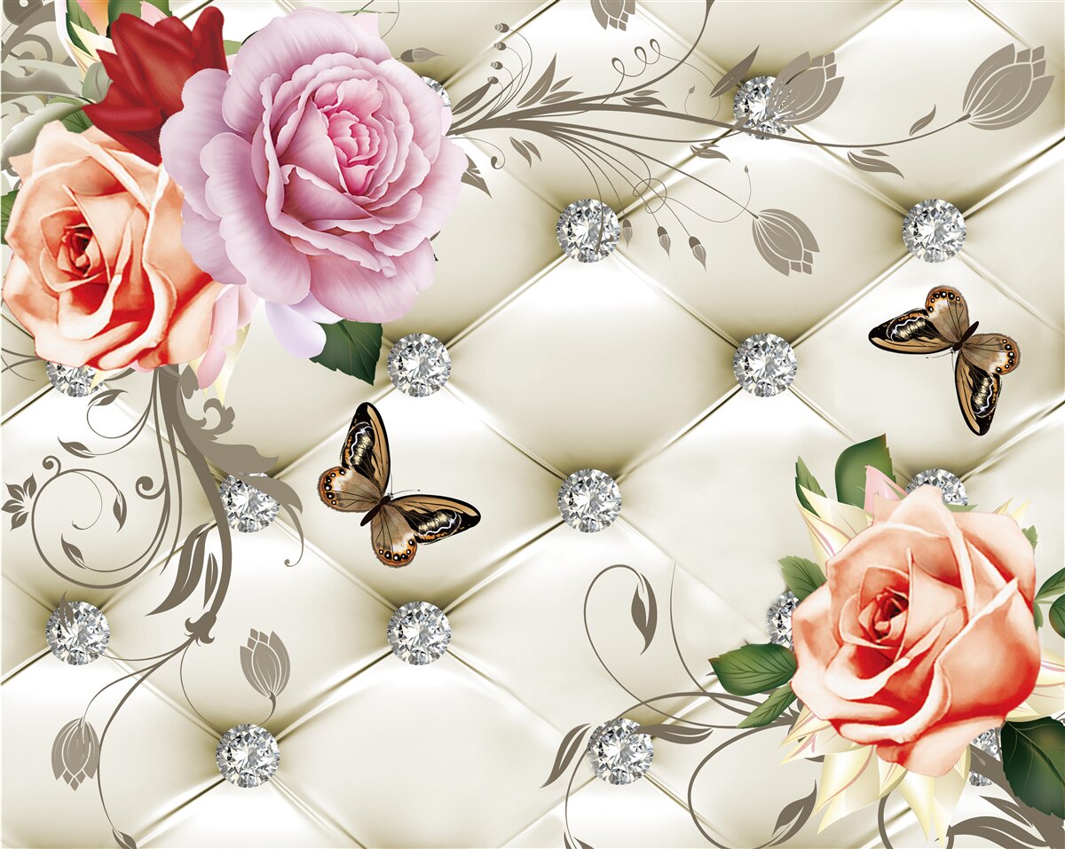 Fototapet trandafiri piersici și mov cu fluturi