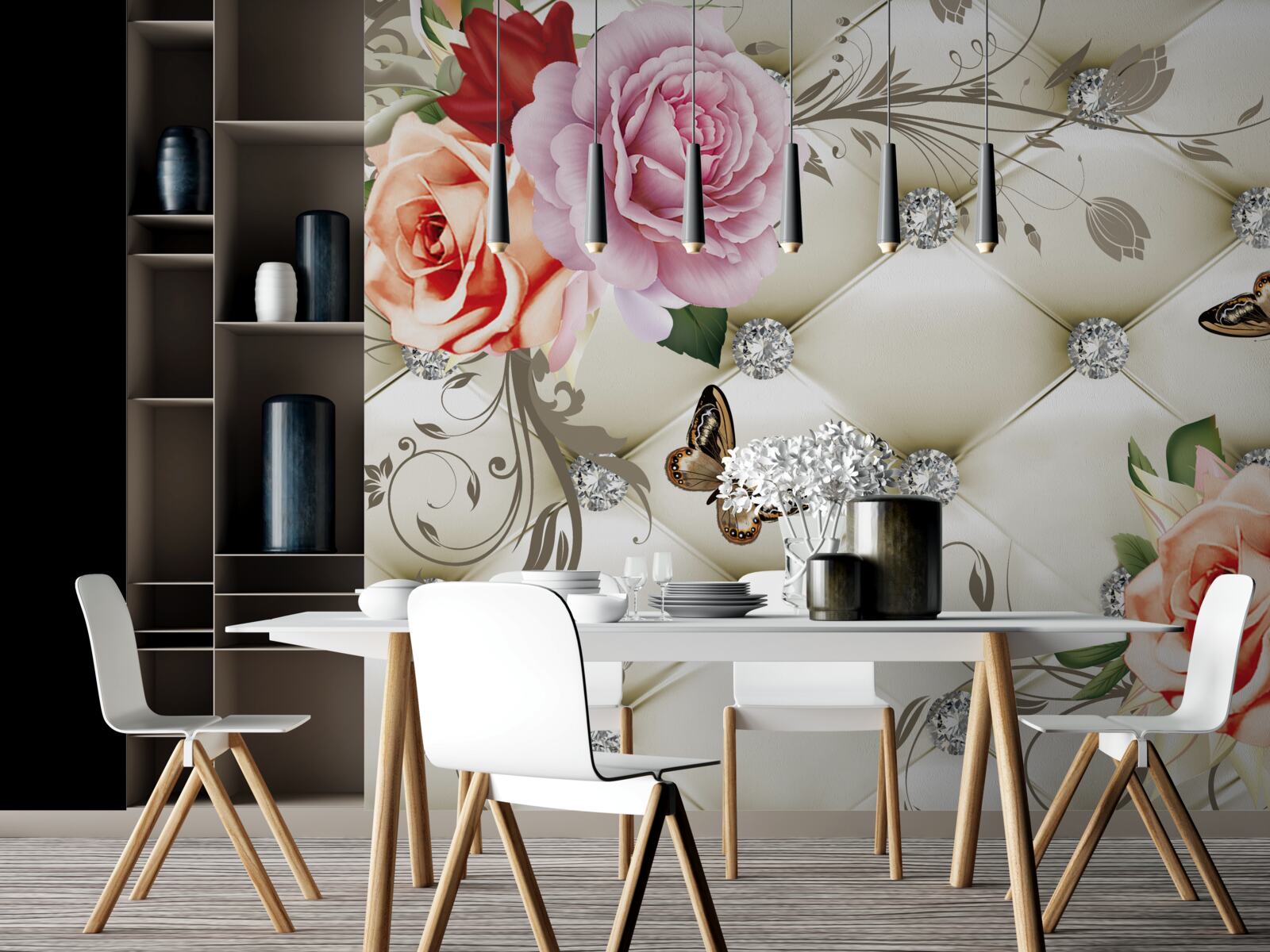 Fototapet trandafiri piersici și mov cu fluturi