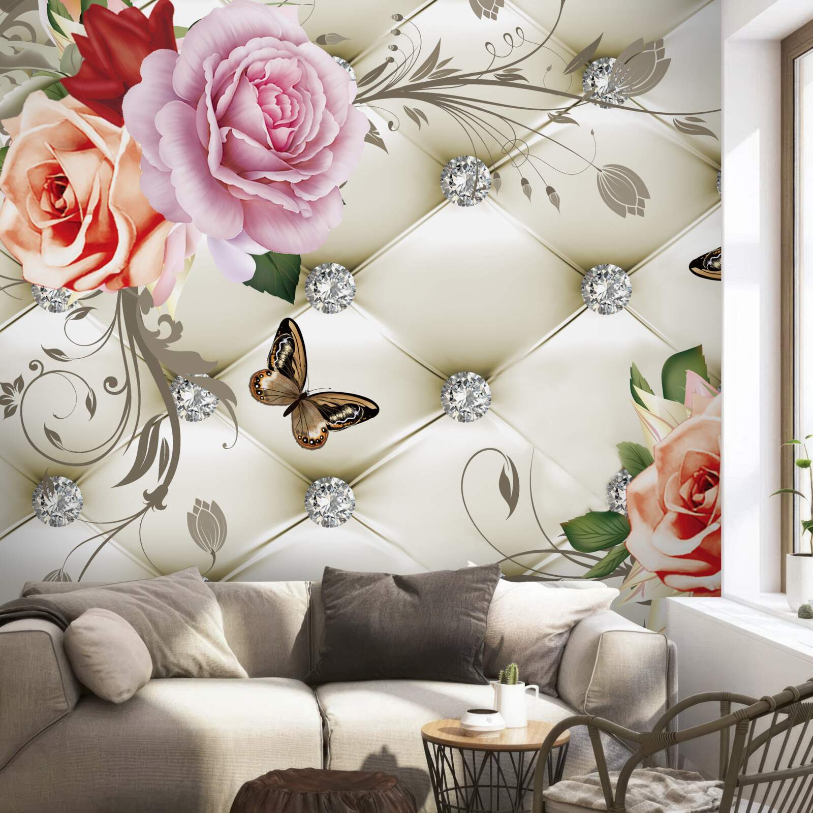 Fototapet trandafiri piersici și mov cu fluturi