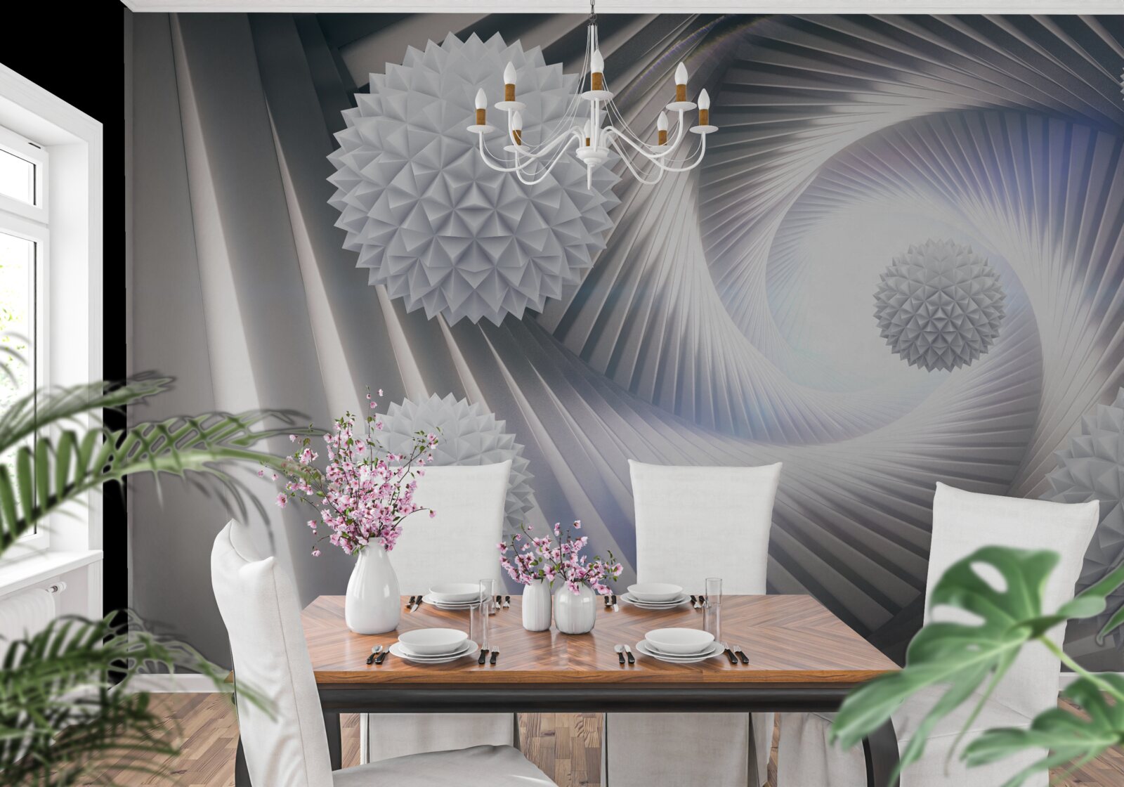 Fototapet vârtej dantelat de bile albe eșalonate