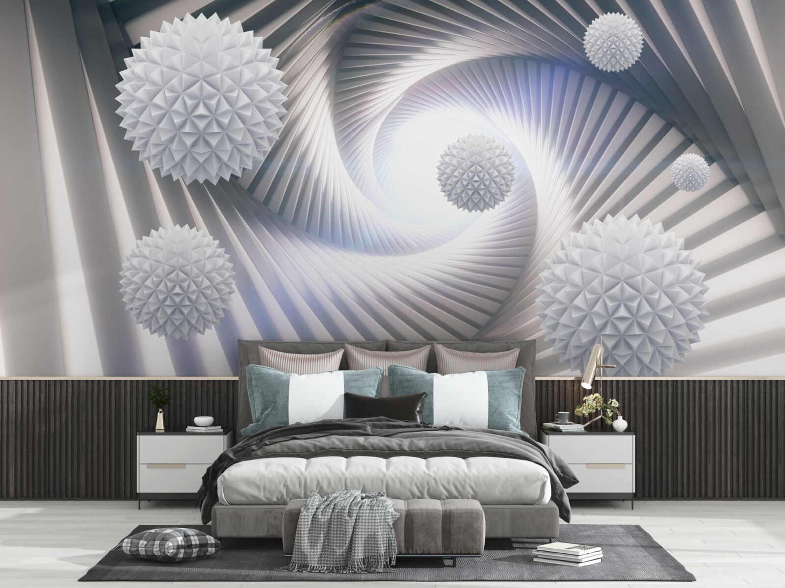 Fototapet vârtej dantelat de bile albe eșalonate