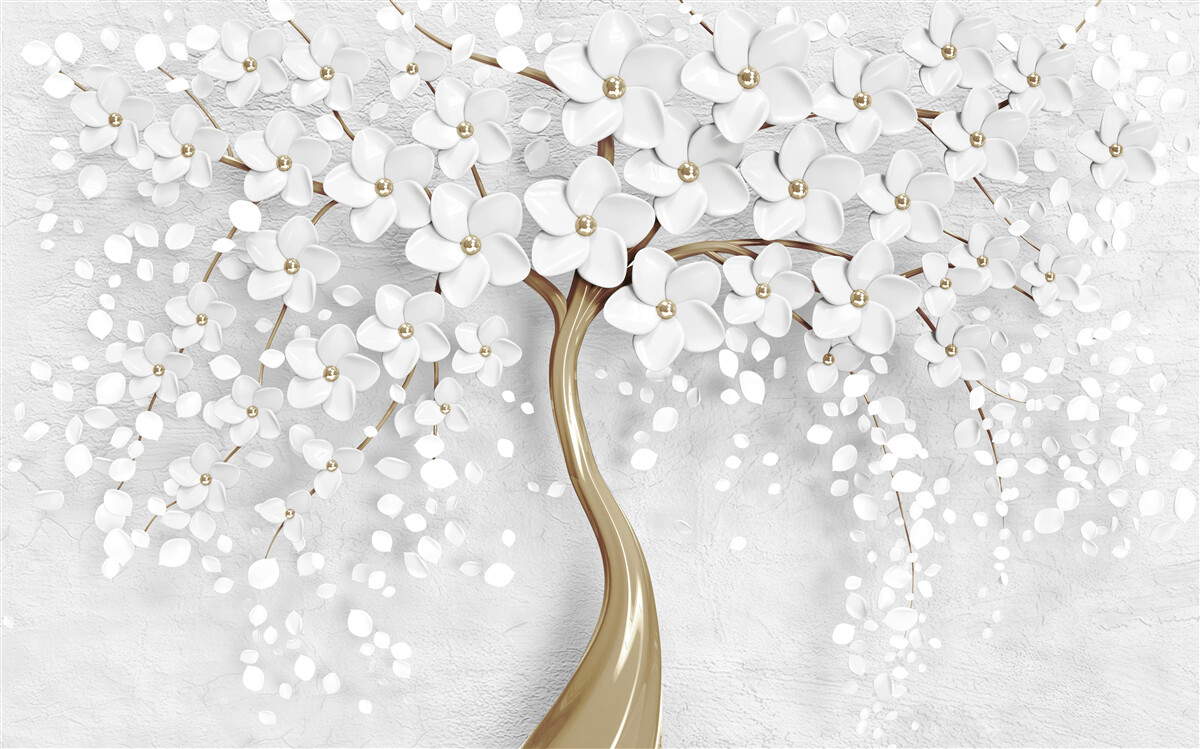 Fototapet flori albe și liliachii pe un copac matur