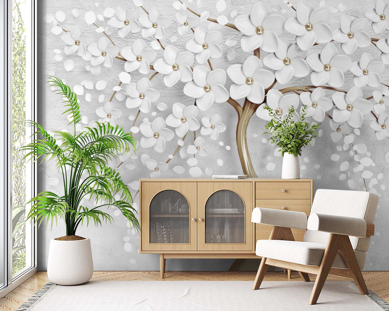 Fototapet flori albe și liliachii pe un copac matur