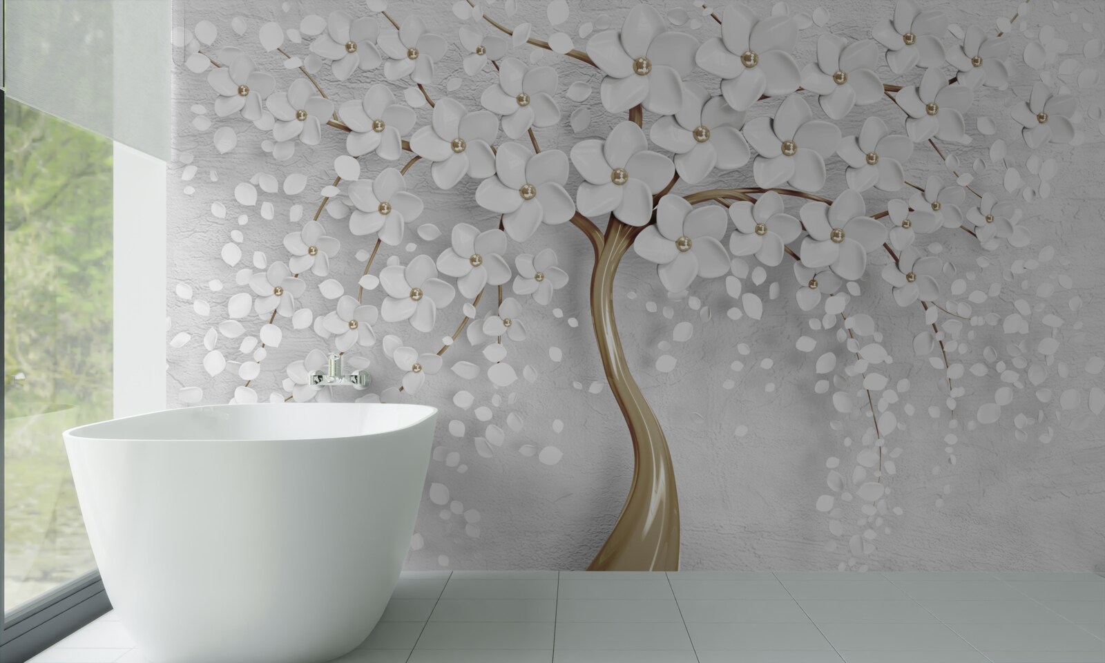 Fototapet flori albe și liliachii pe un copac matur