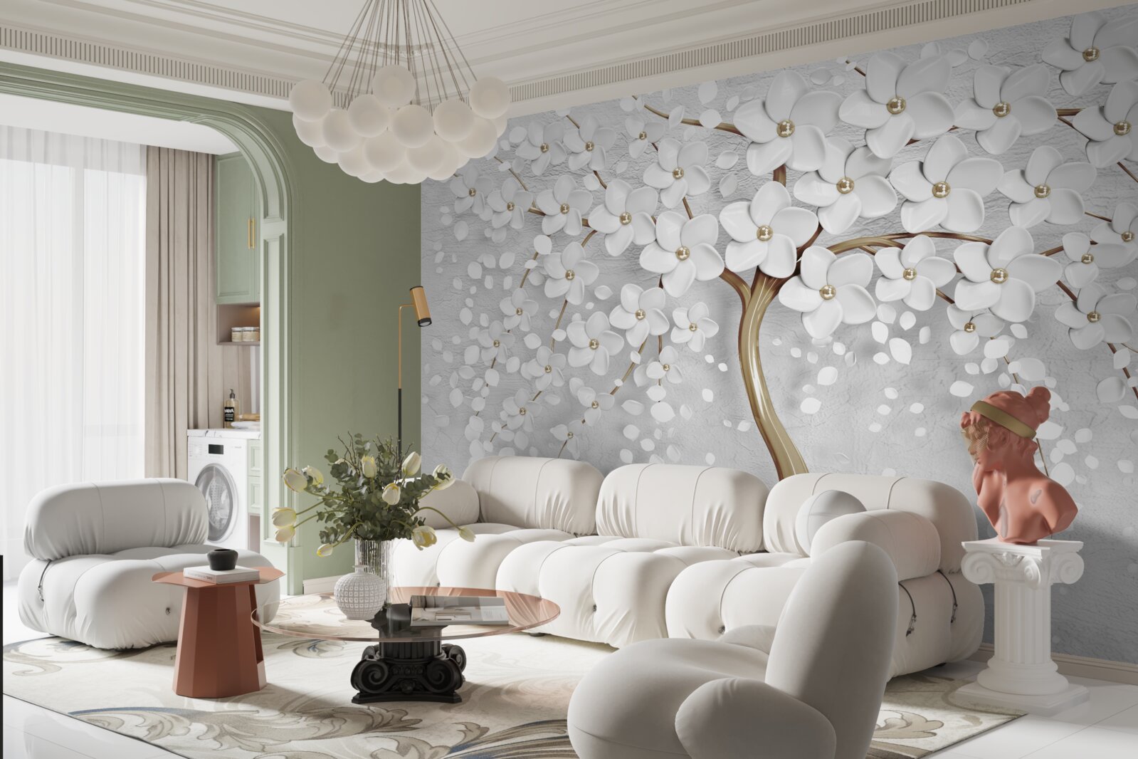 Fototapet flori albe și liliachii pe un copac matur