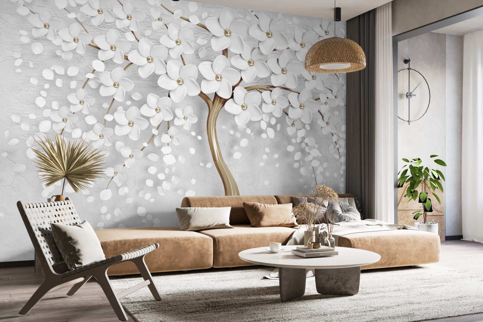 Fototapet flori albe și liliachii pe un copac matur