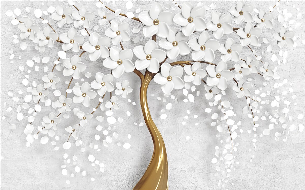 Fototapet copac cu flori albe și un trunchi subțire