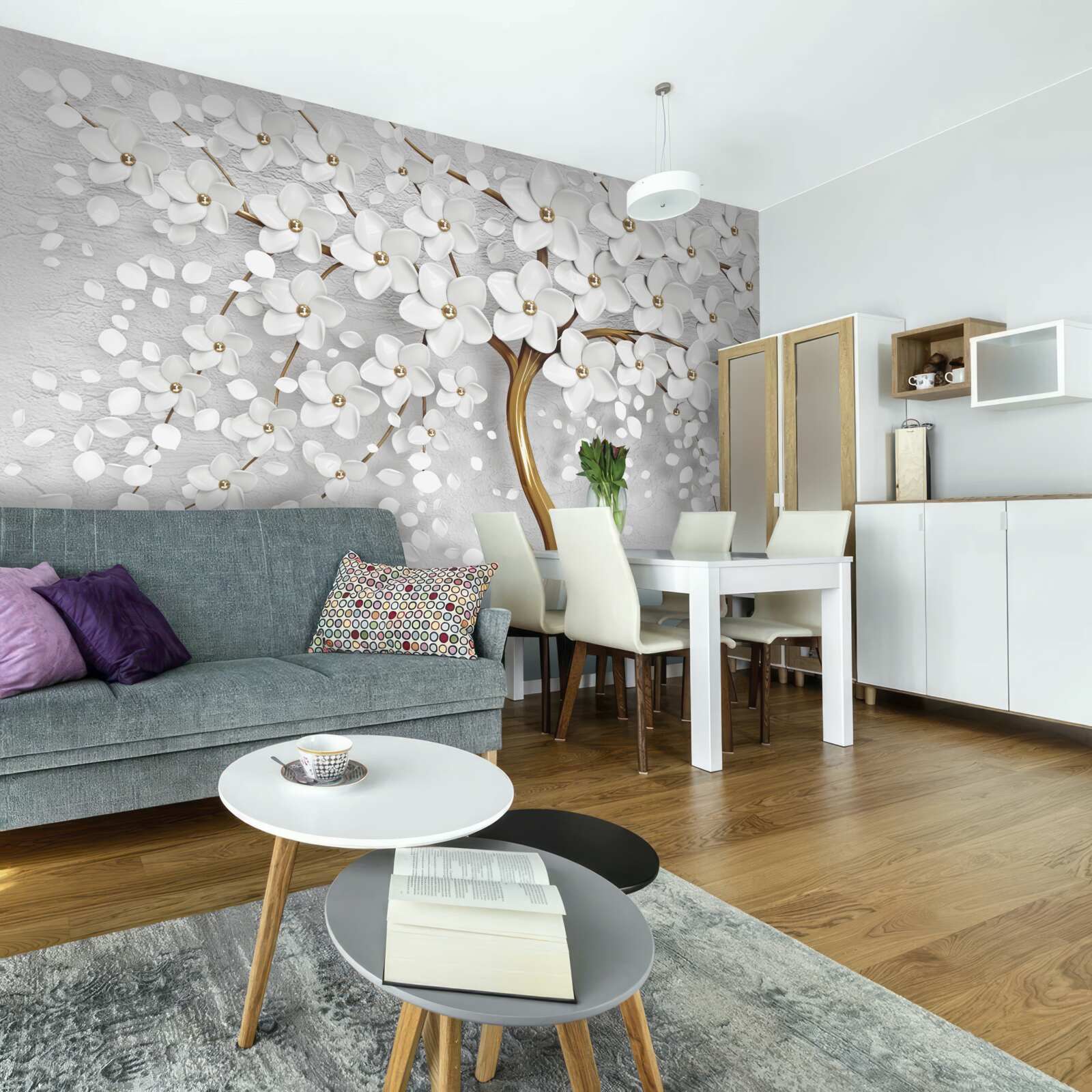 Fototapet copac cu flori albe și un trunchi subțire