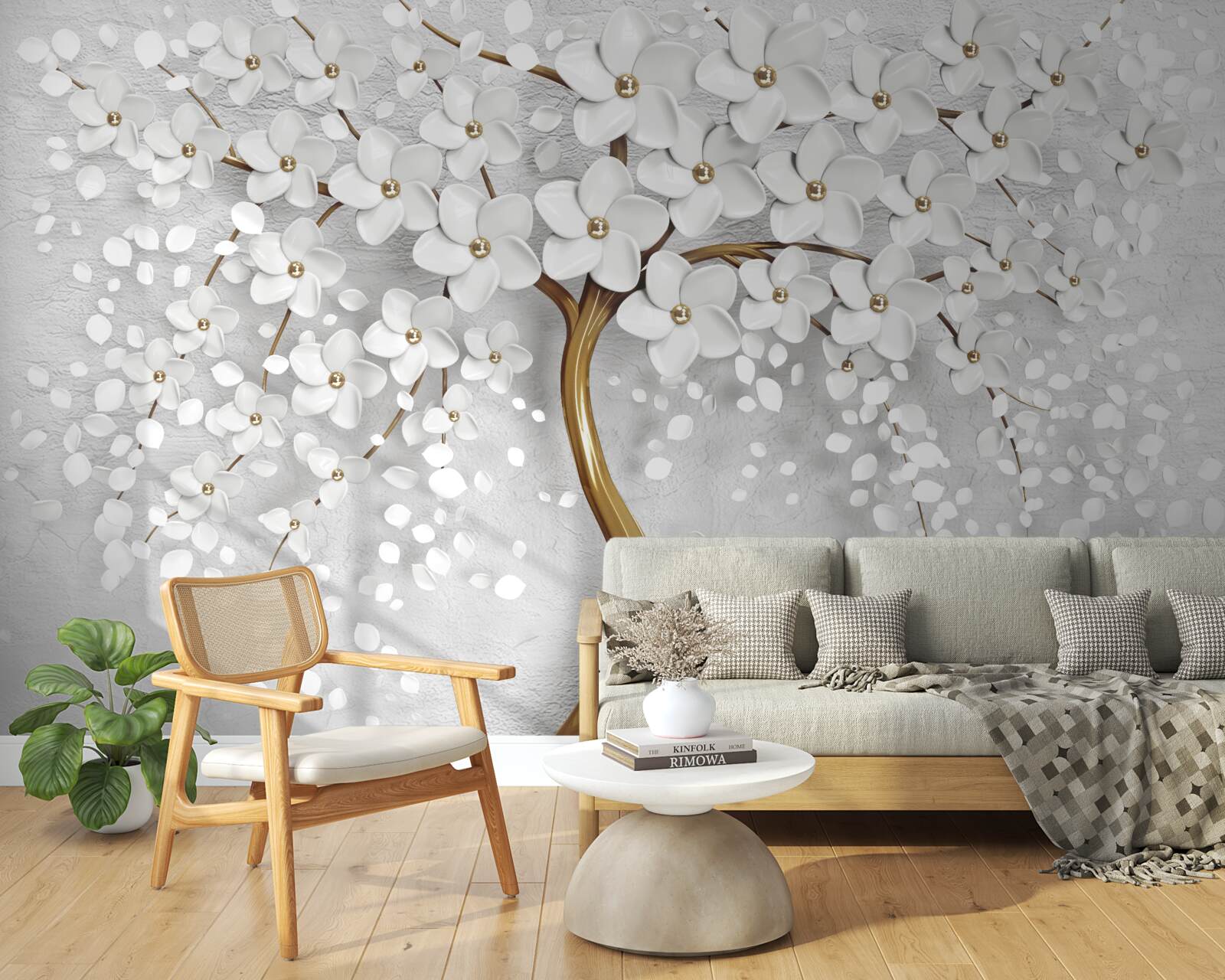 Fototapet copac cu flori albe și un trunchi subțire