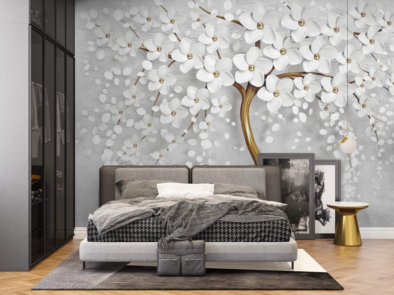 Fototapet copac cu flori albe și un trunchi subțire