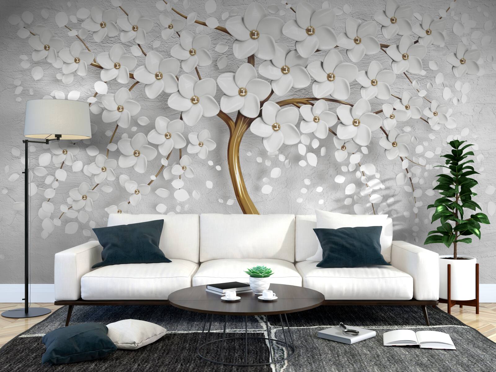 Fototapet copac cu flori albe și un trunchi subțire