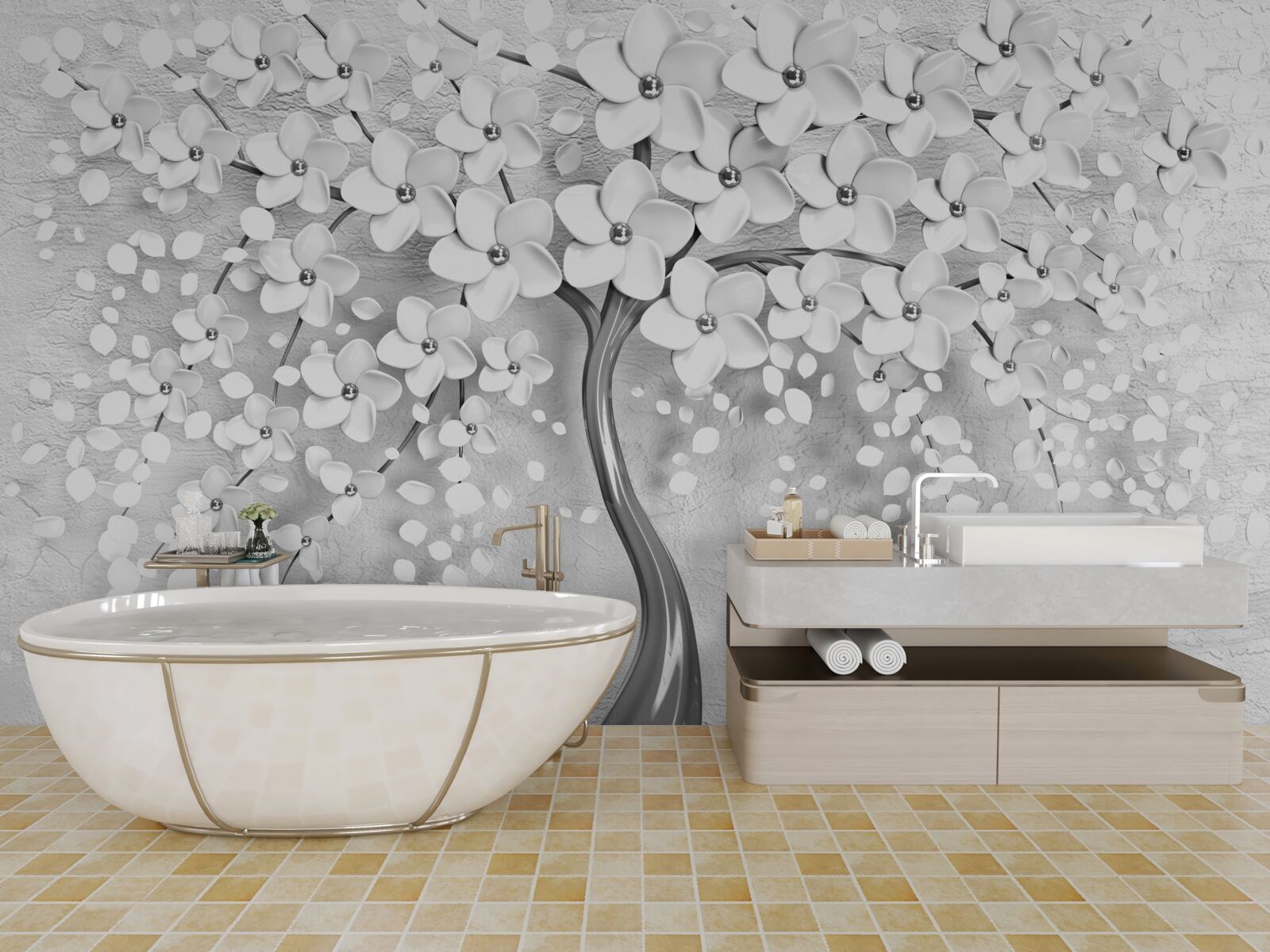 Fototapet un copac subțire care a înflorit