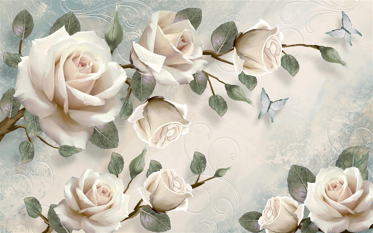 Fototapet fluturi pe ramurile unui frumos trandafir alb