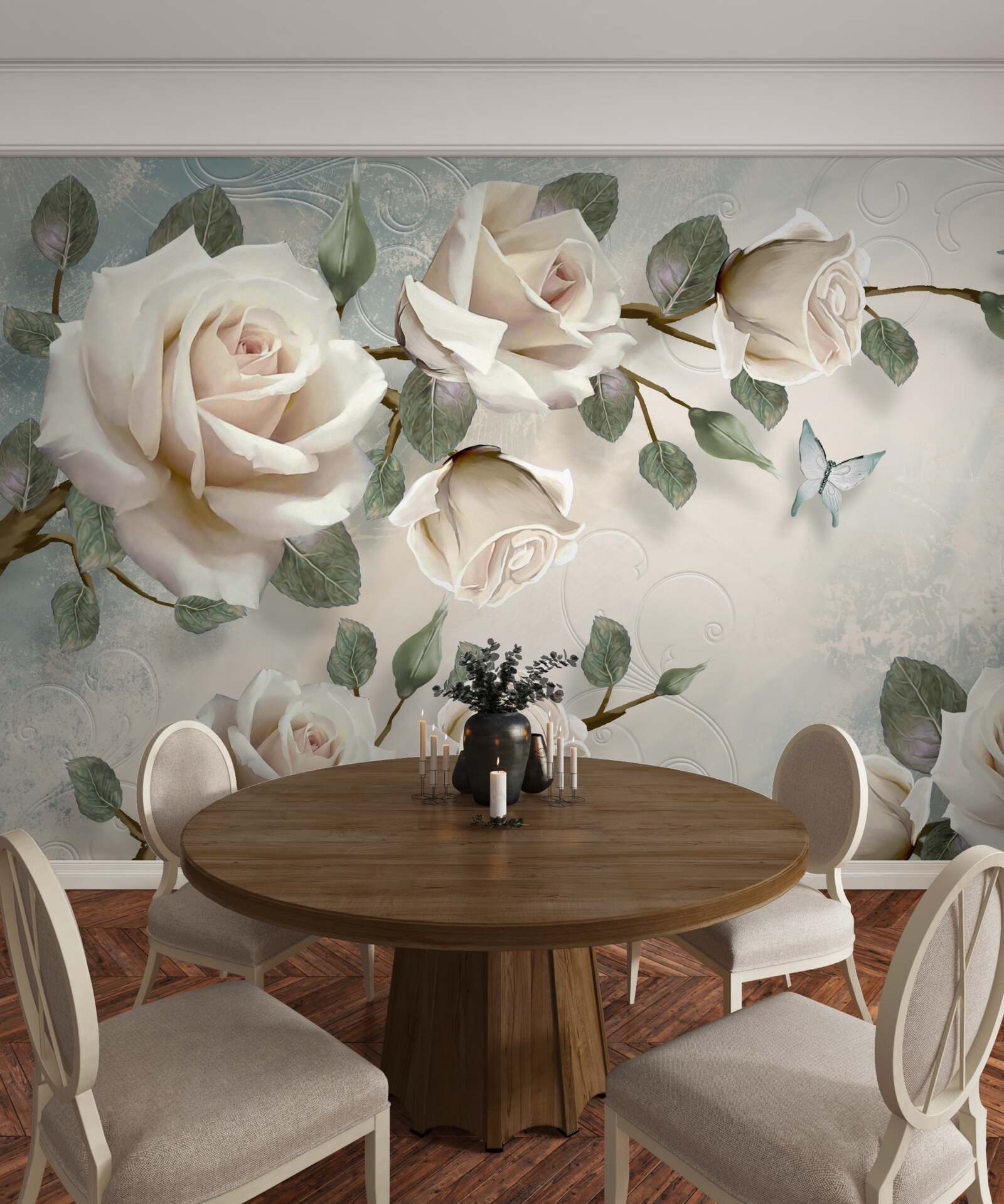 Fototapet fluturi pe ramurile unui frumos trandafir alb