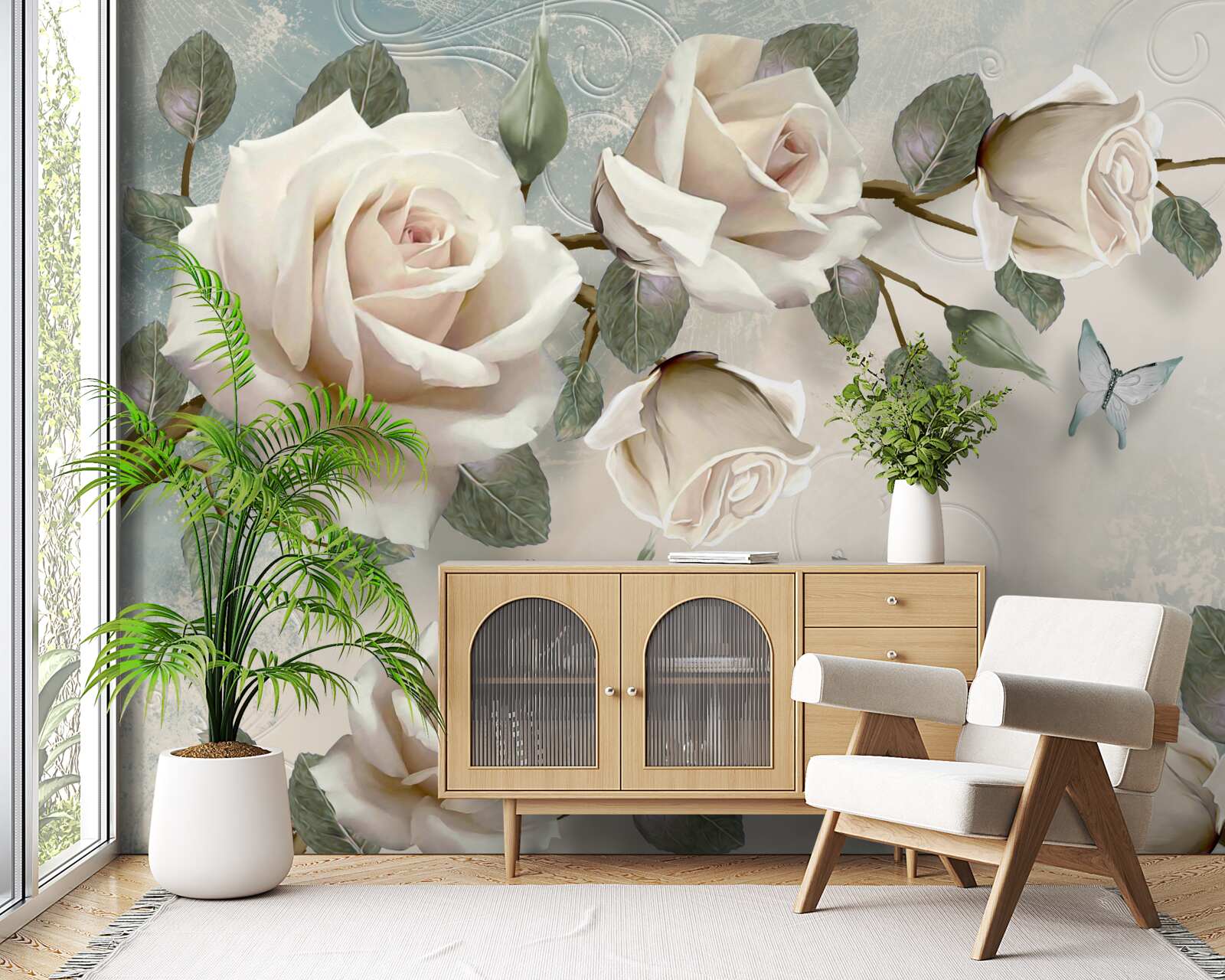 Fototapet fluturi pe ramurile unui frumos trandafir alb