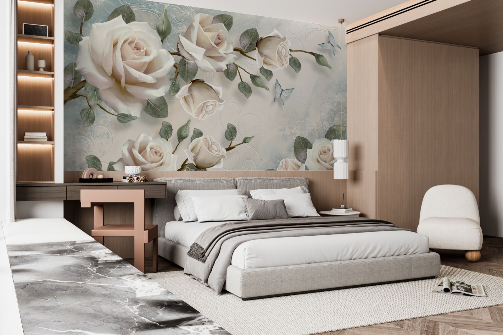 Fototapet fluturi pe ramurile unui frumos trandafir alb