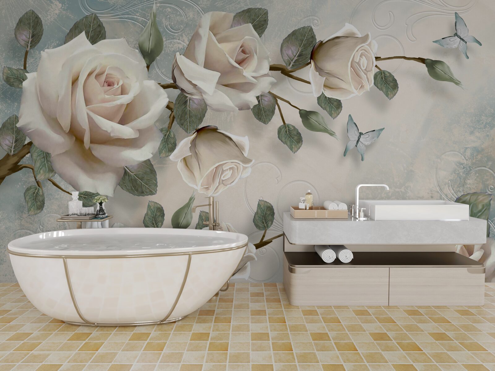 Fototapet fluturi pe ramurile unui frumos trandafir alb