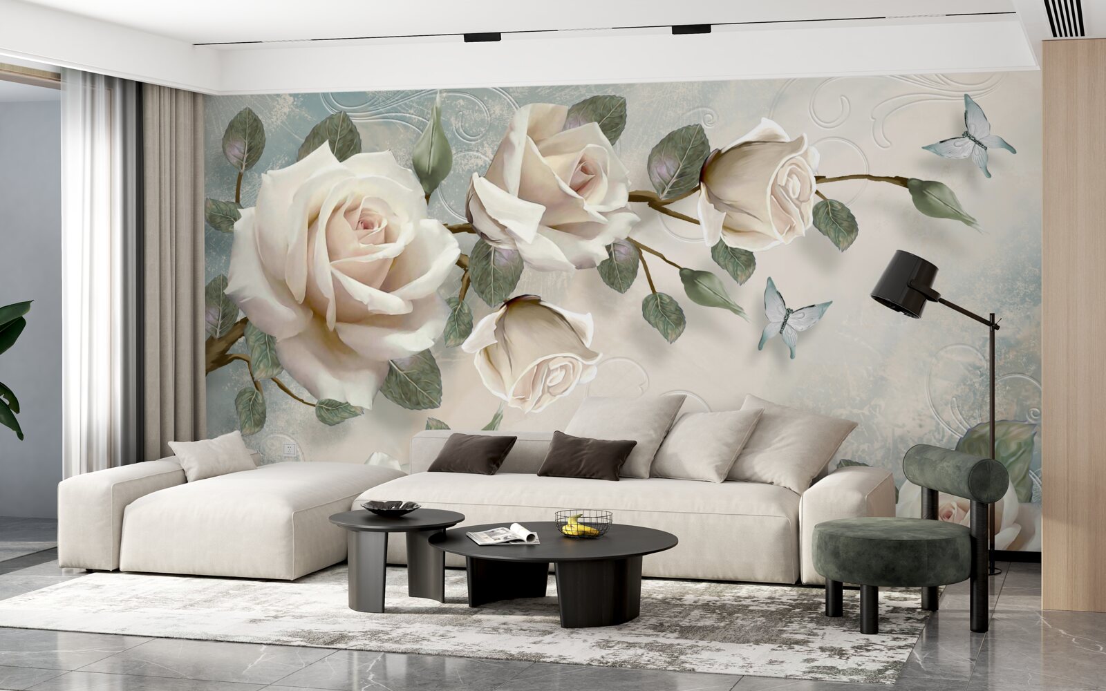 Fototapet fluturi pe ramurile unui frumos trandafir alb