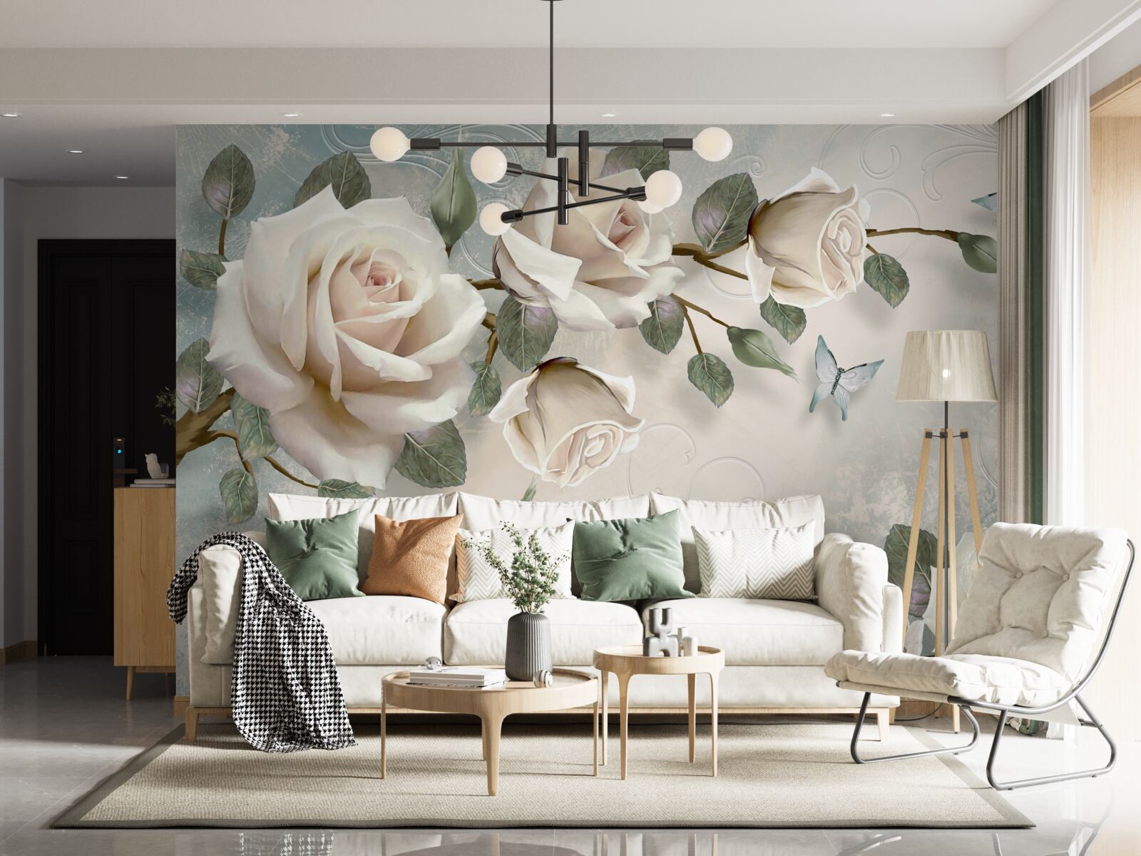 Fototapet fluturi pe ramurile unui frumos trandafir alb