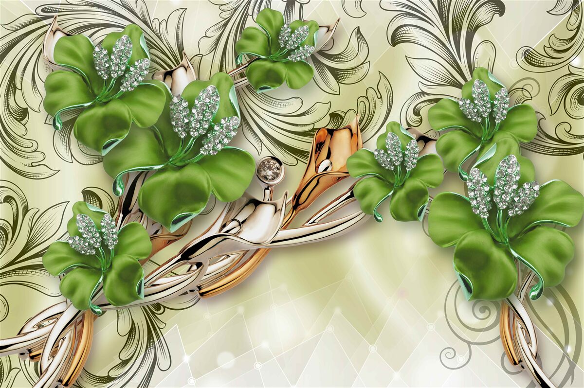 Fototapet florile sunt verzi, decorate cu perle și aur
