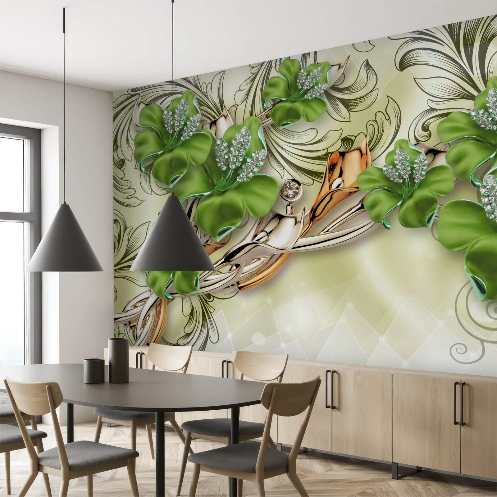 Fototapet florile sunt verzi, decorate cu perle și aur