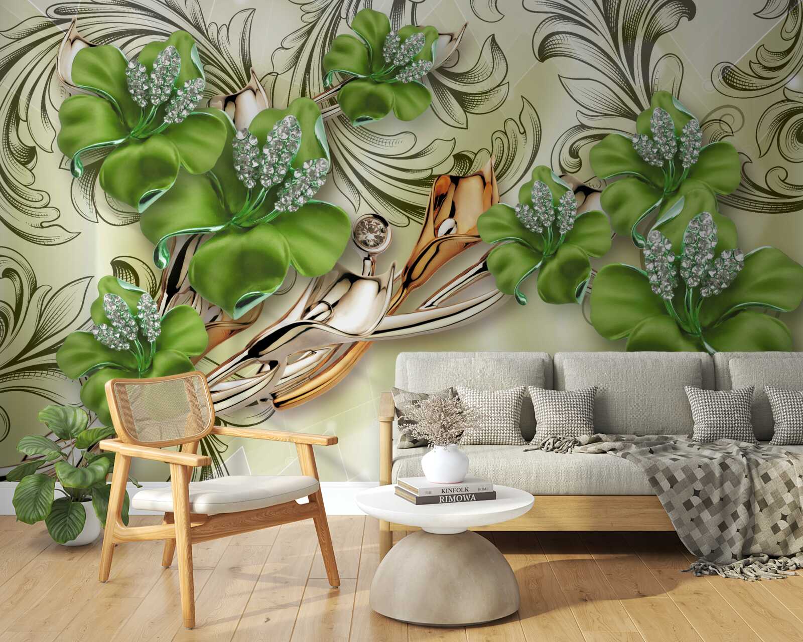 Fototapet florile sunt verzi, decorate cu perle și aur