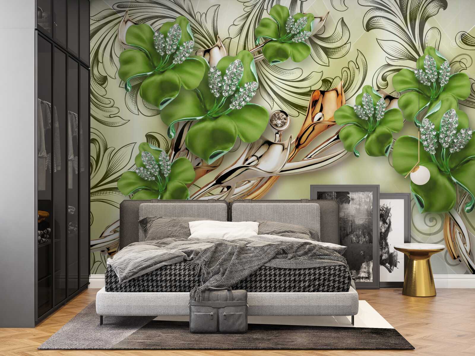 Fototapet florile sunt verzi, decorate cu perle și aur