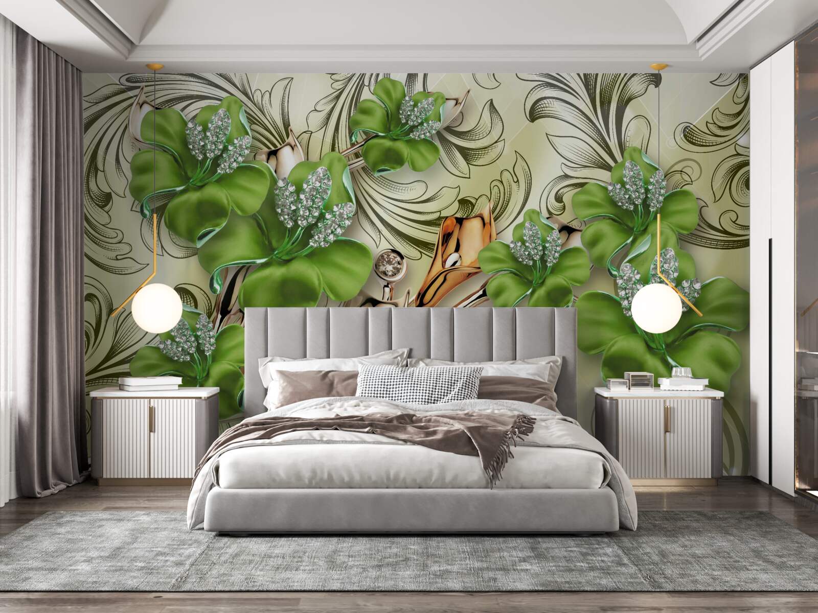 Fototapet florile sunt verzi, decorate cu perle și aur