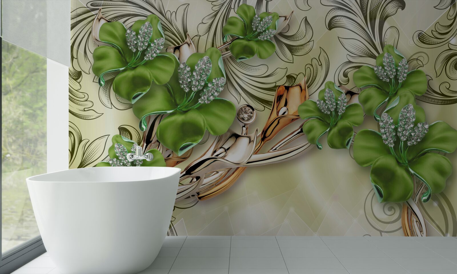 Fototapet florile sunt verzi, decorate cu perle și aur