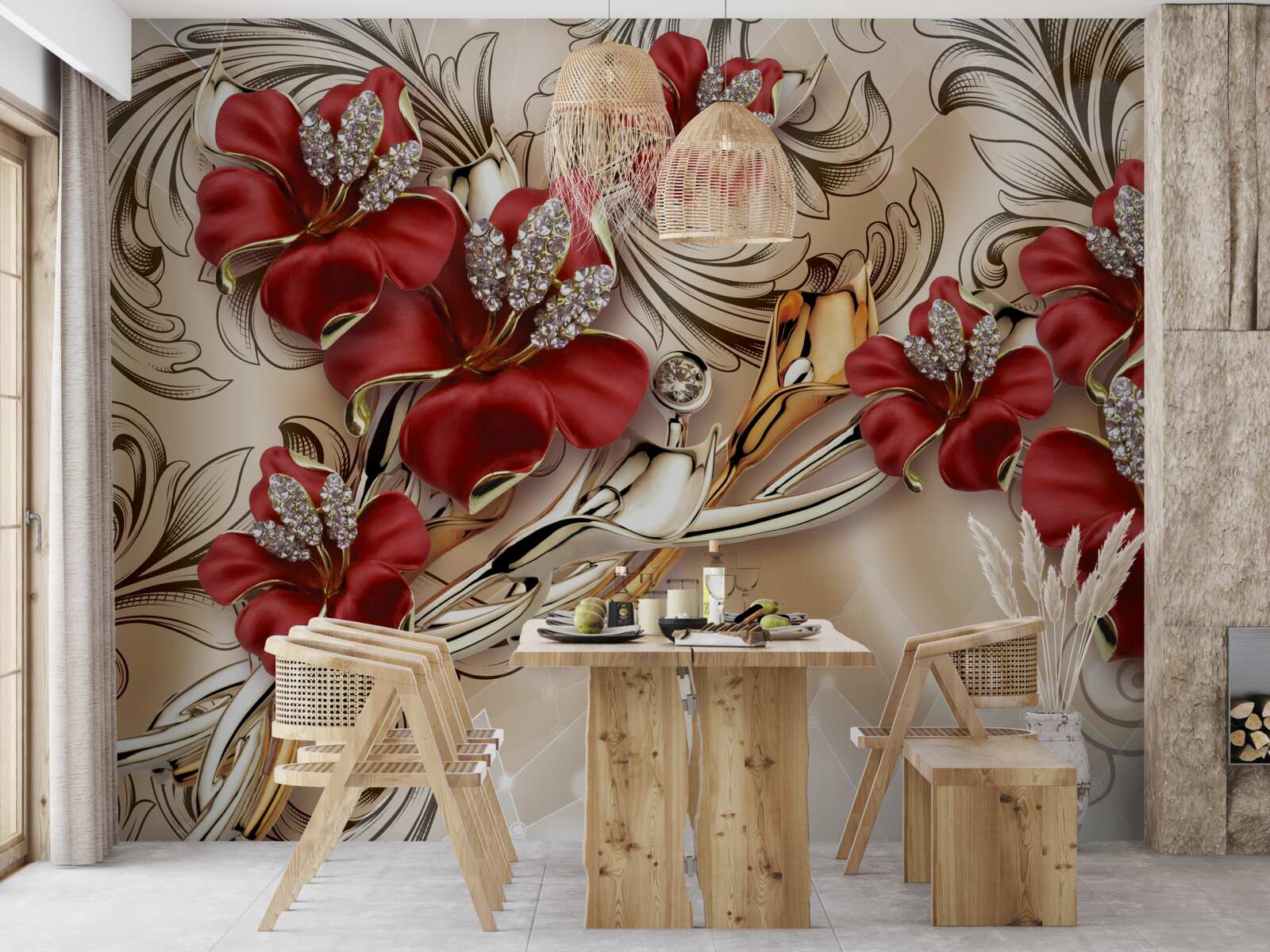 Fototapet bijuterii din aur cu muguri roșii