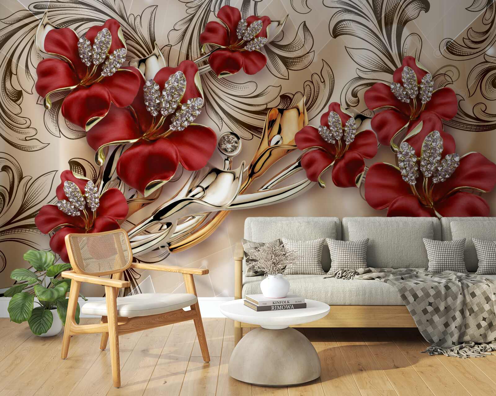 Fototapet bijuterii din aur cu muguri roșii