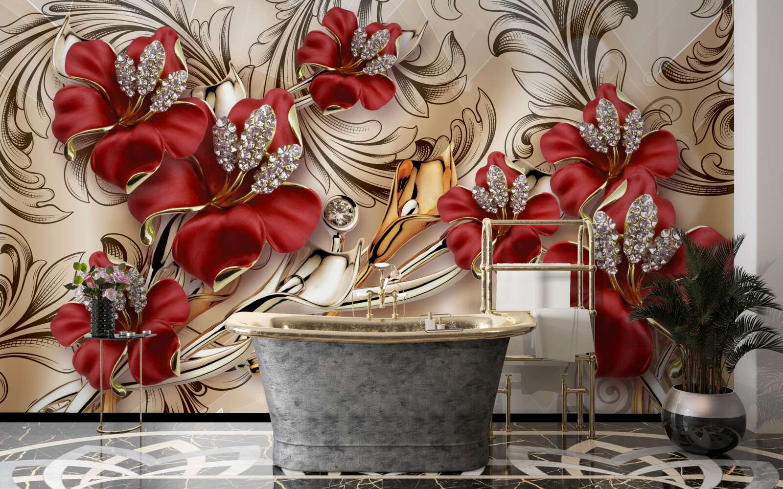 Fototapet bijuterii din aur cu muguri roșii