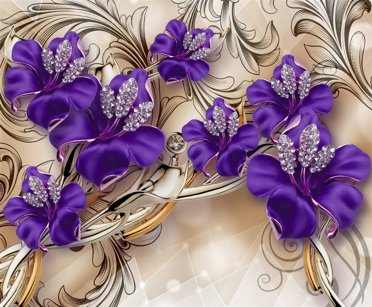 Fototapet pietre și metale prețioase decorate cu flori mov