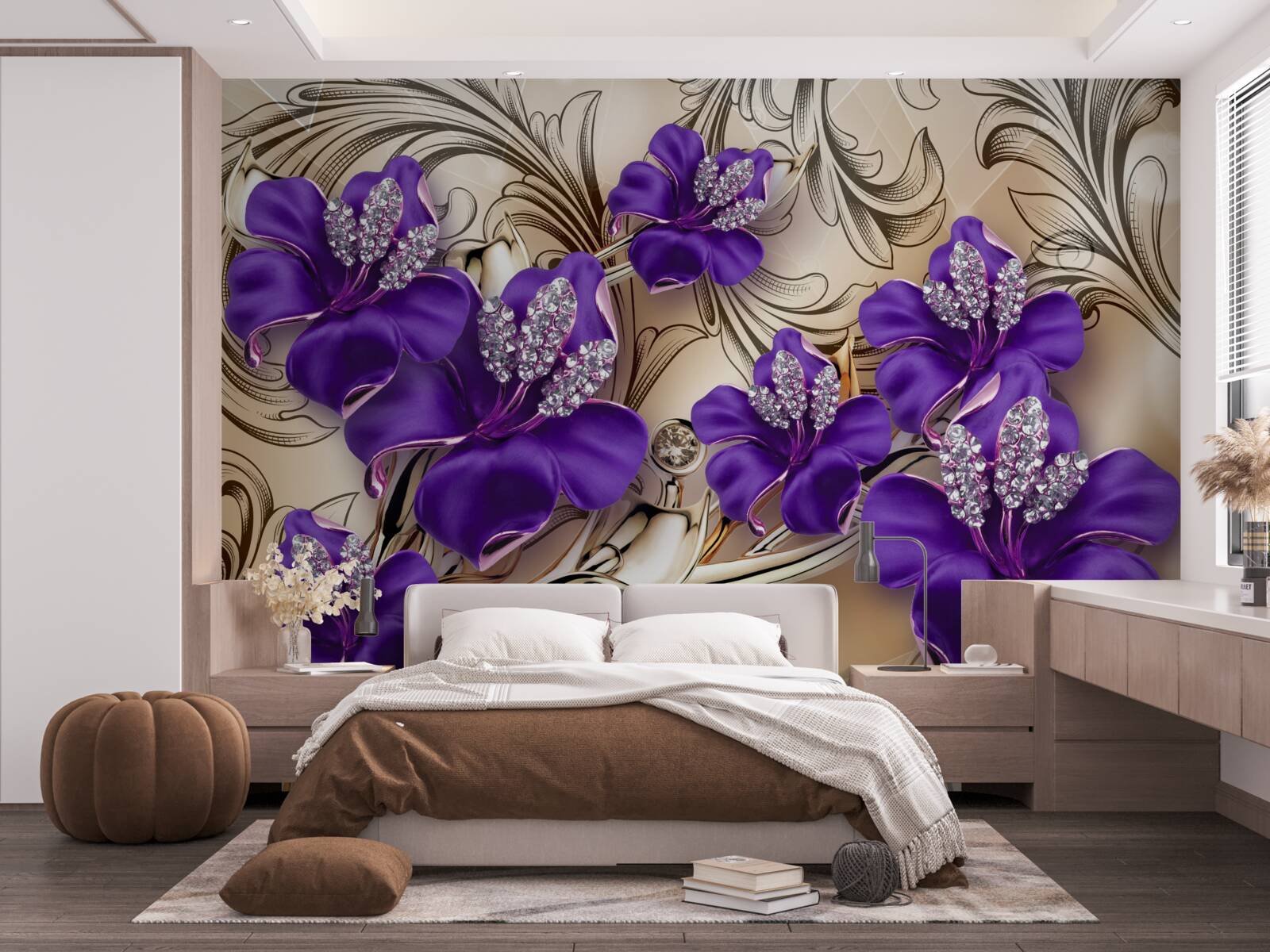 Fototapet pietre și metale prețioase decorate cu flori mov