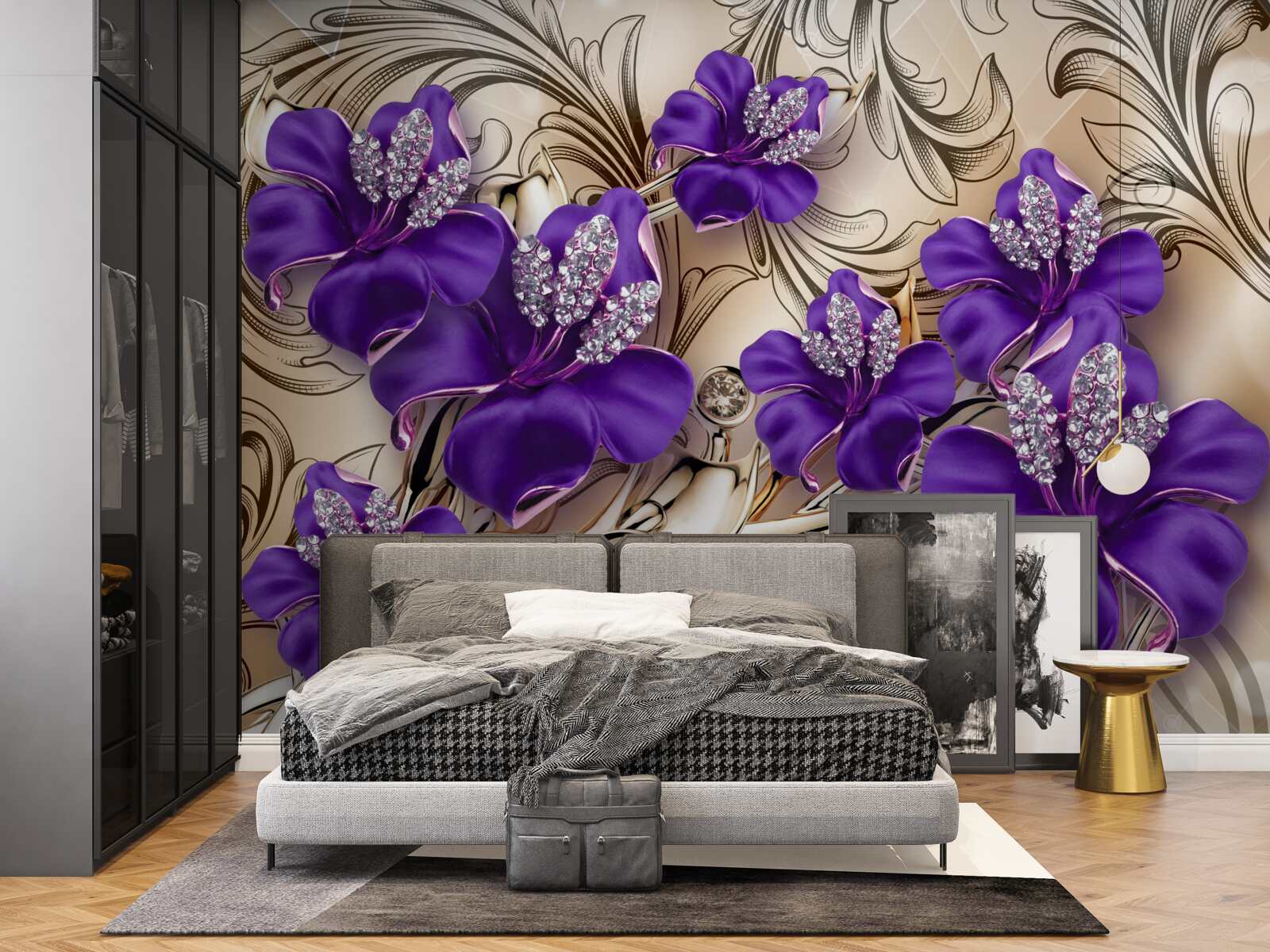 Fototapet pietre și metale prețioase decorate cu flori mov