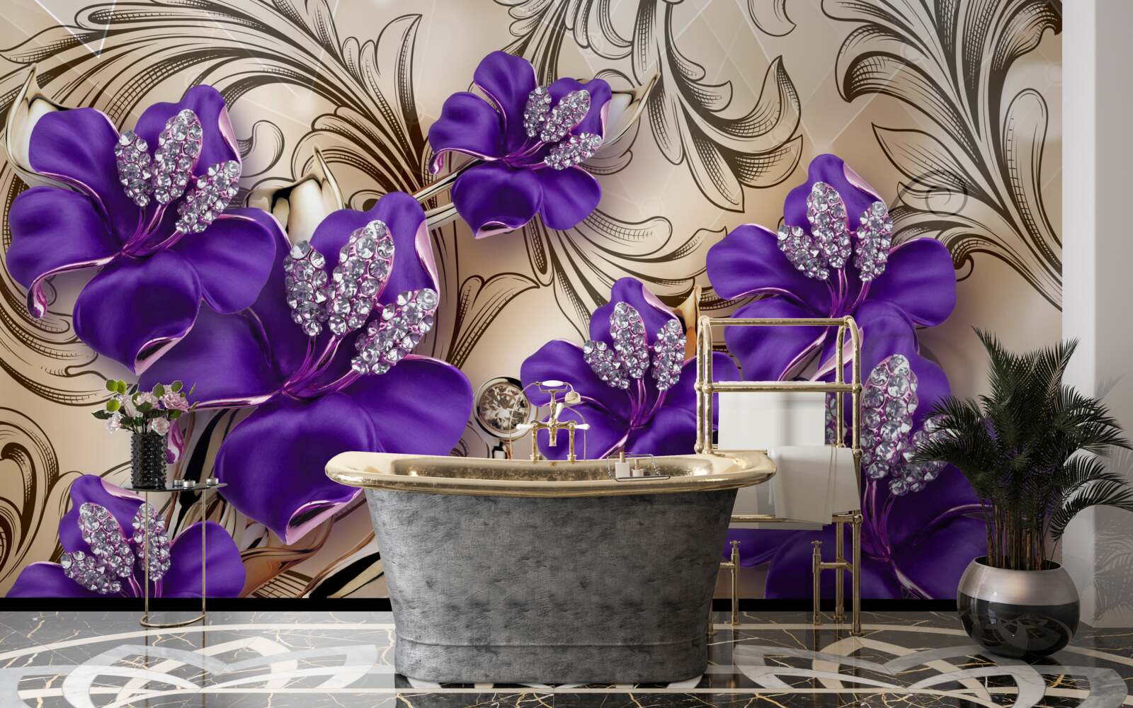 Fototapet pietre și metale prețioase decorate cu flori mov