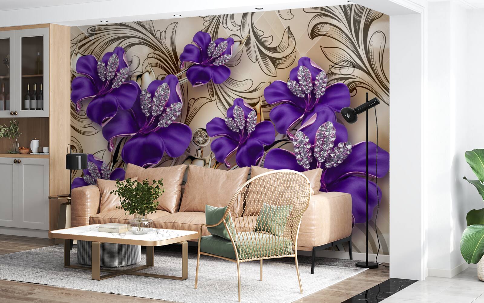 Fototapet pietre și metale prețioase decorate cu flori mov