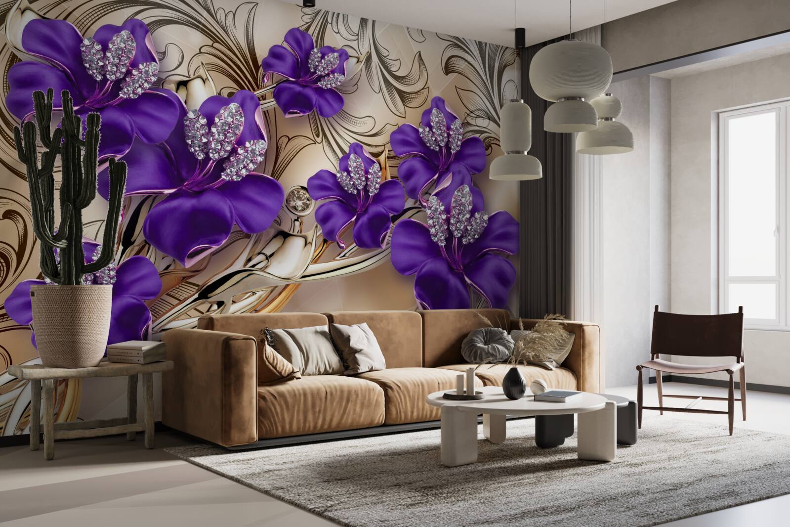 Fototapet pietre și metale prețioase decorate cu flori mov