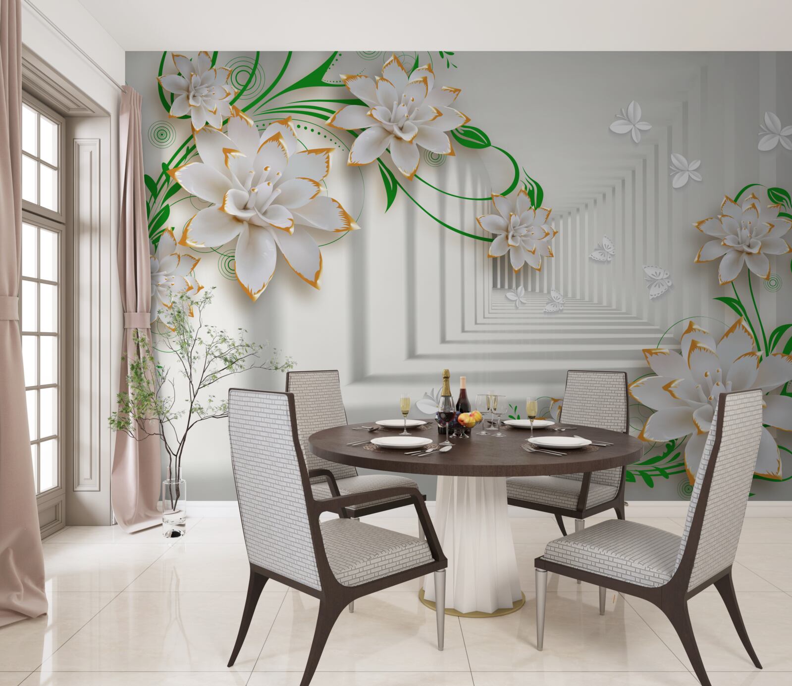 Fototapet tunel abstract decorat cu frunze verzi și lotus alb