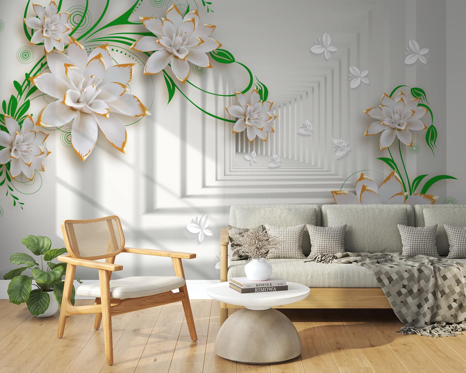 Fototapet tunel abstract decorat cu frunze verzi și lotus alb