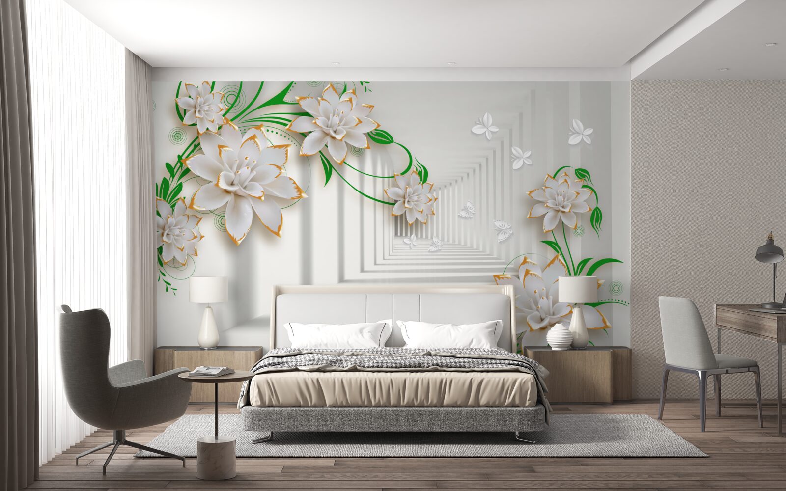 Fototapet tunel abstract decorat cu frunze verzi și lotus alb